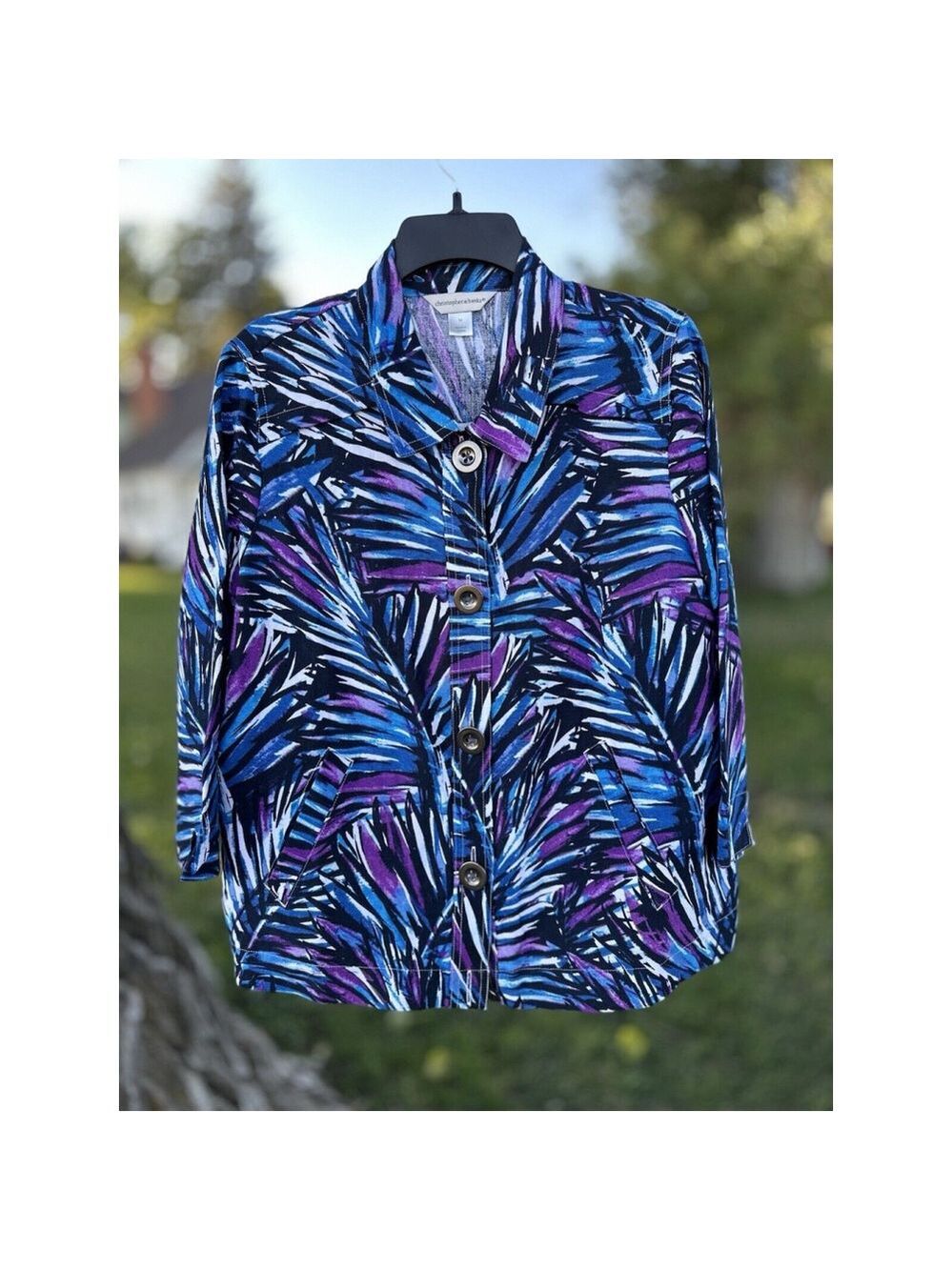Christopher Banks Linen Jacket Womens MEDIUM Blue Palms 4-Button 3/4 Sleeve